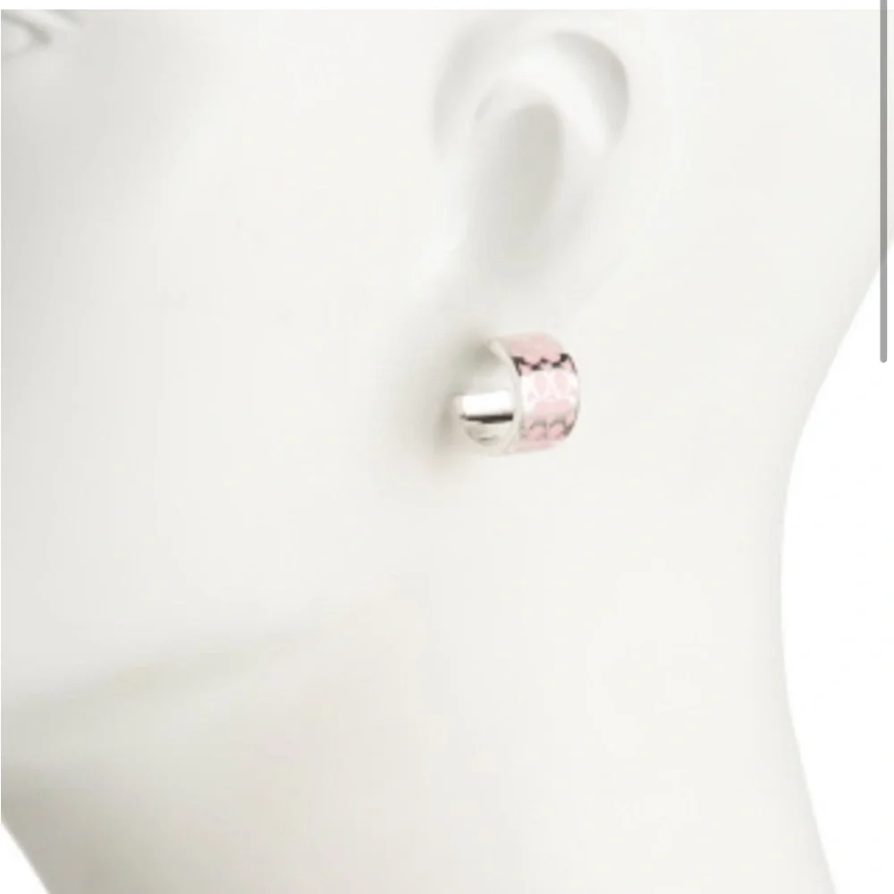 Coach Signature C Enamel Huggie Earrings Pink/Silver NWT - Picture 4 of 7